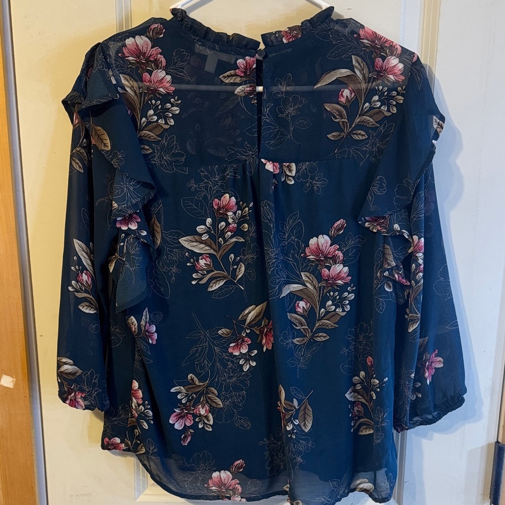 Floral Ruffle Women's Top - Dark Green and Pink - Picture 2 of 3